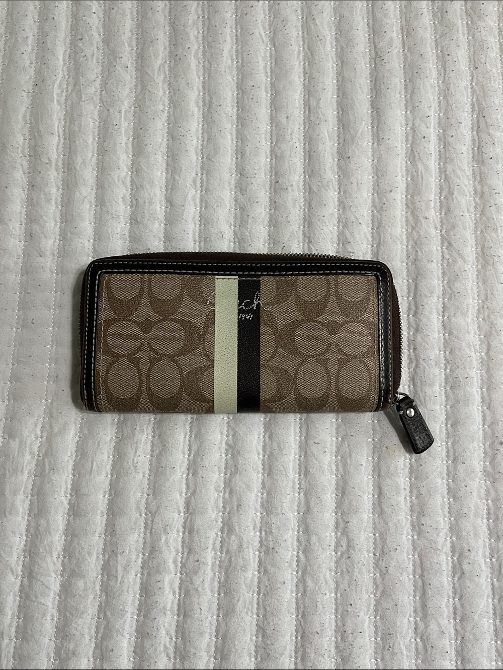 Coach Zip-Around Signature Canvas Wallet in Khaki and Cream Stripe
